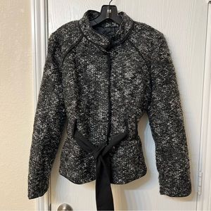 Sandro Sportswear Tweed Belted Boucle Jacket w/ Hidden Buttons in Black & White